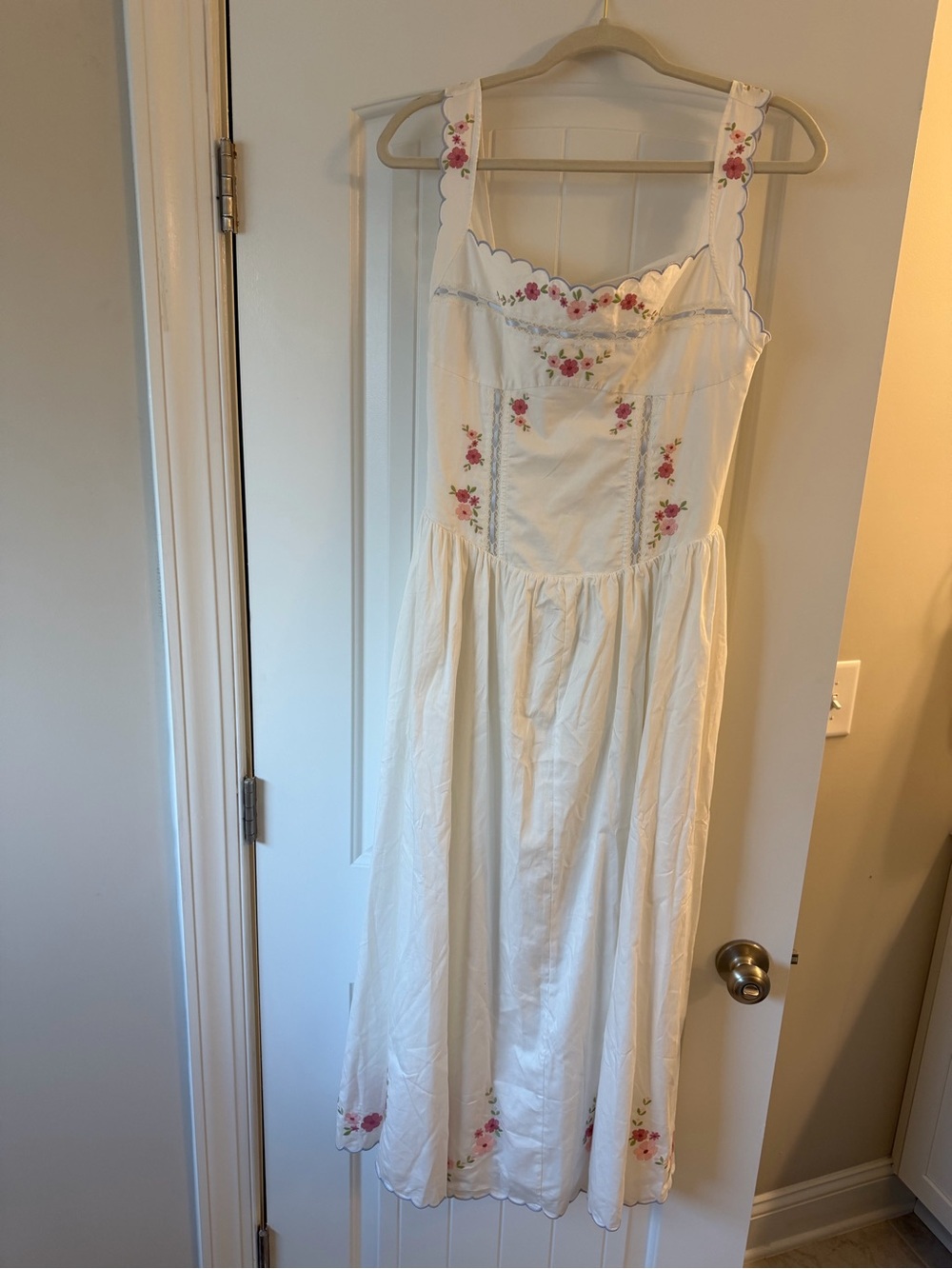 For Love & Lemons Tea Time White Midi Dress with Pink Floral Embroidery - Picture 4 of 15